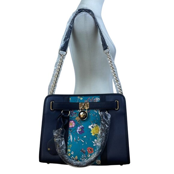 Dasein  Navy Blue Floral Faux Leather Tote Bag with matching wallet - Picture 14 of 16